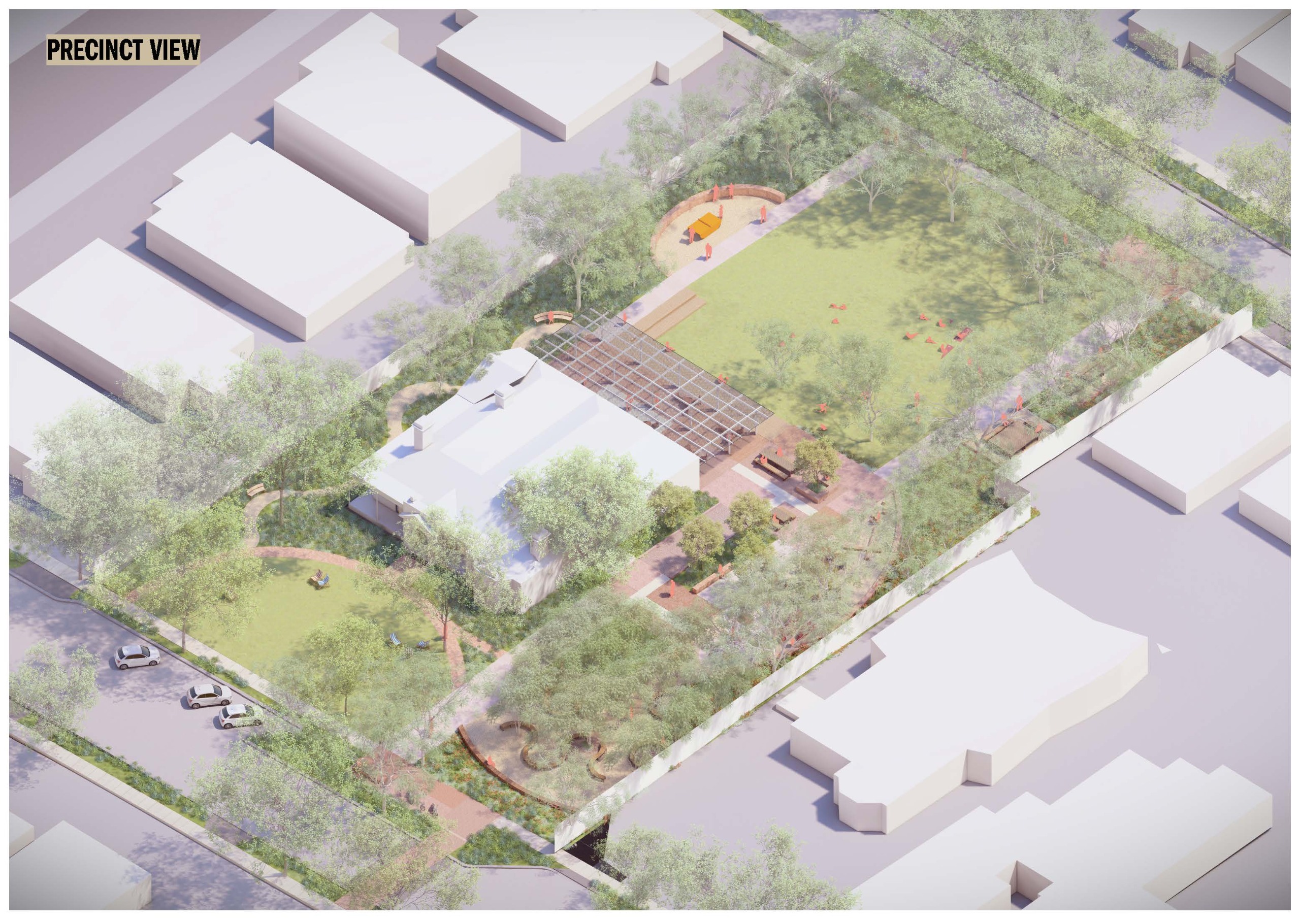Aerial perspective of the Elsternwick Club open space concept, showing a central heritage building surrounded by green lawns, trees, winding paths, and garden areas. The site is bordered by streets and neighbouring buildings.