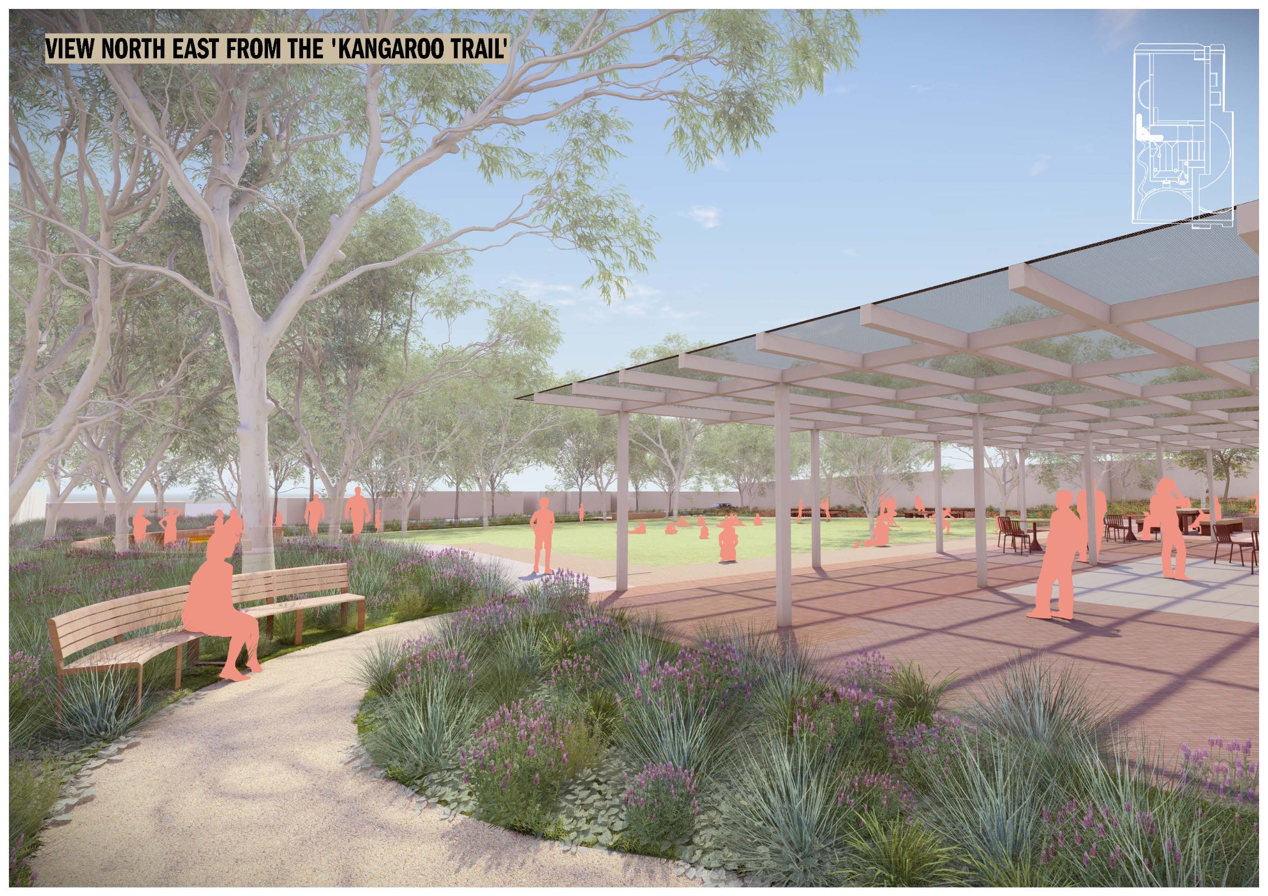 Perspective from the ‘Kangaroo Trail’, a winding path through native gardens. The view looks northeast across the site, showing trees, open spaces, and the heritage building in the distance.