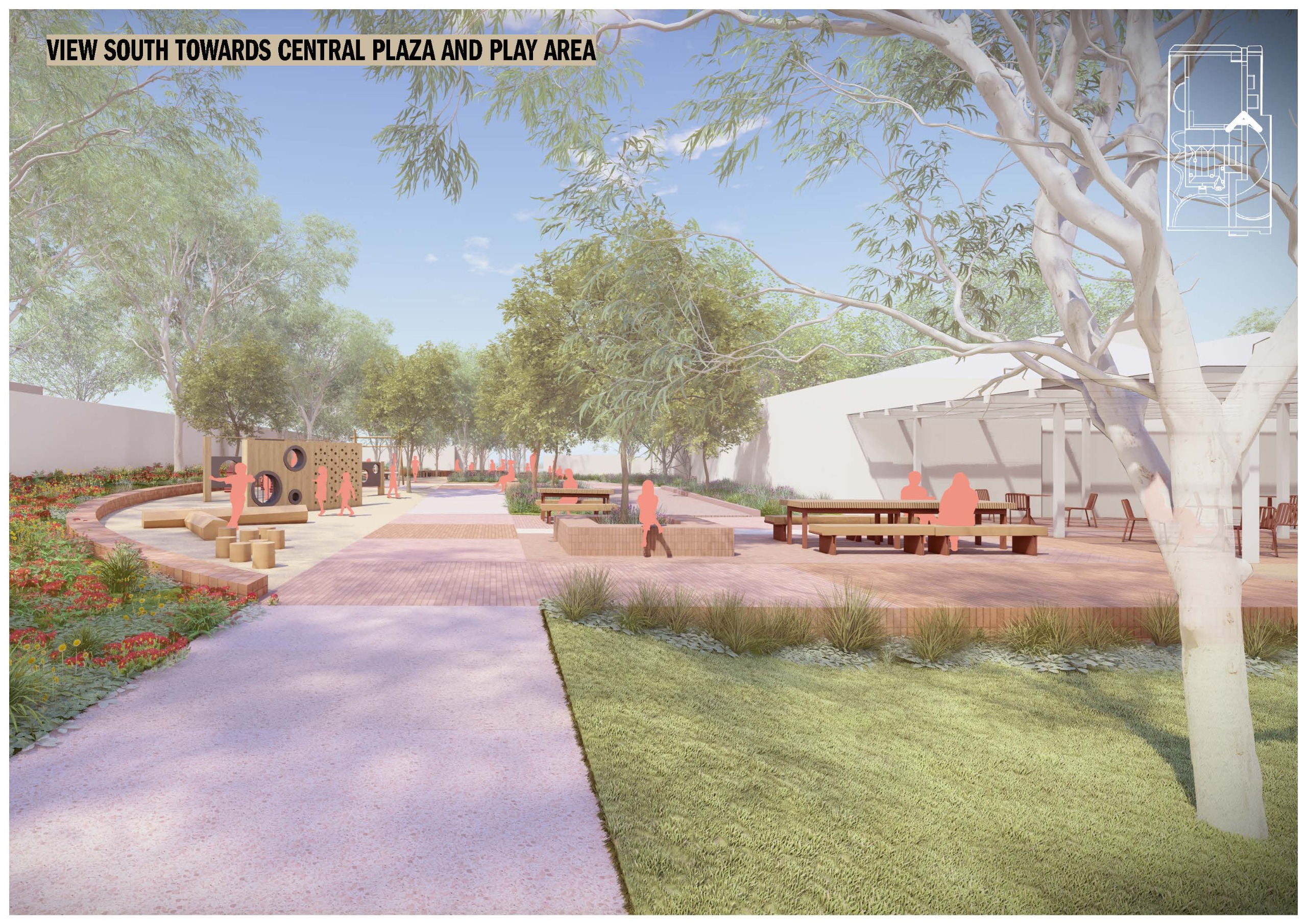 Looking south along a wide path towards the central plaza and play area. The scene includes play equipment, picnic tables, and garden beds, all shaded by mature trees.
