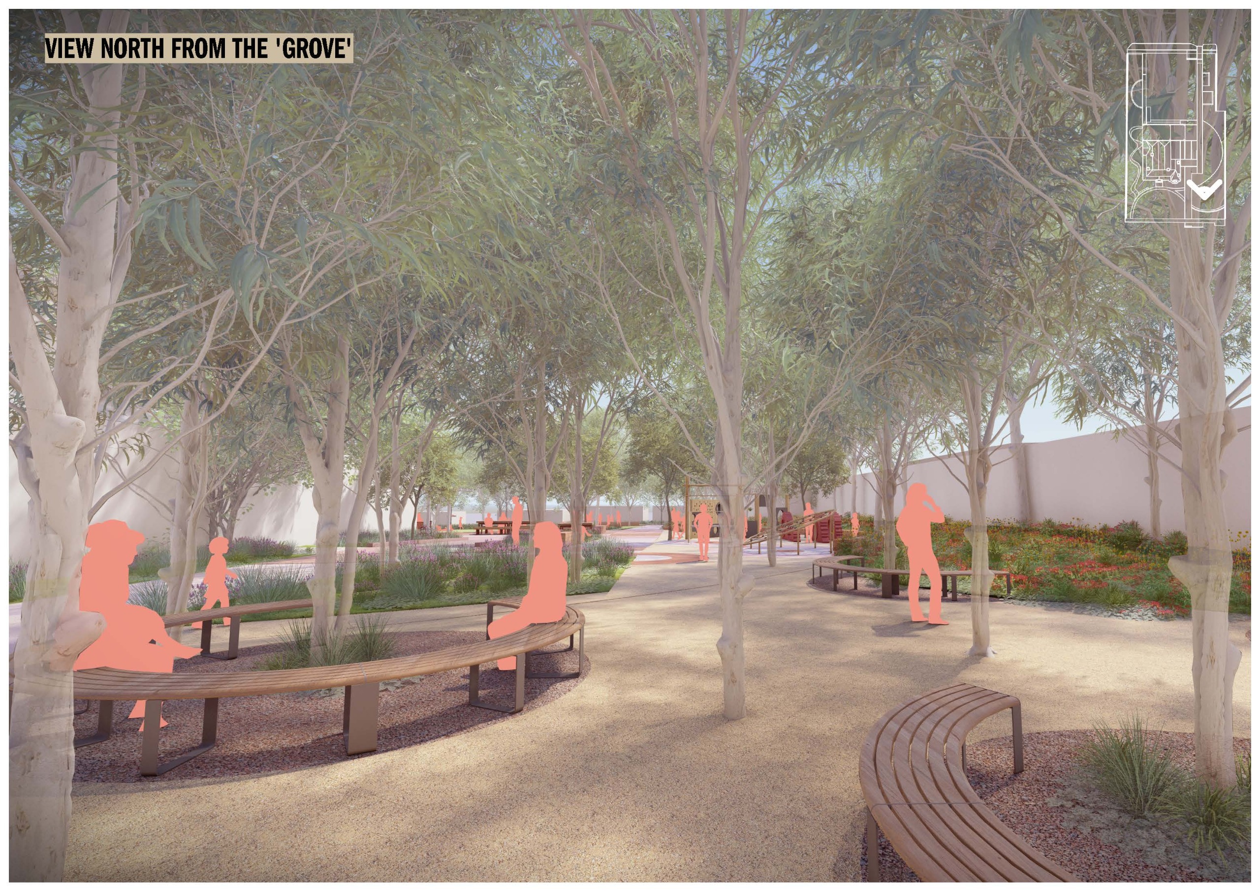 Shaded grove area with curved benches beneath a canopy of trees. People are depicted sitting and relaxing, with views extending north towards open lawns and gathering spaces.
