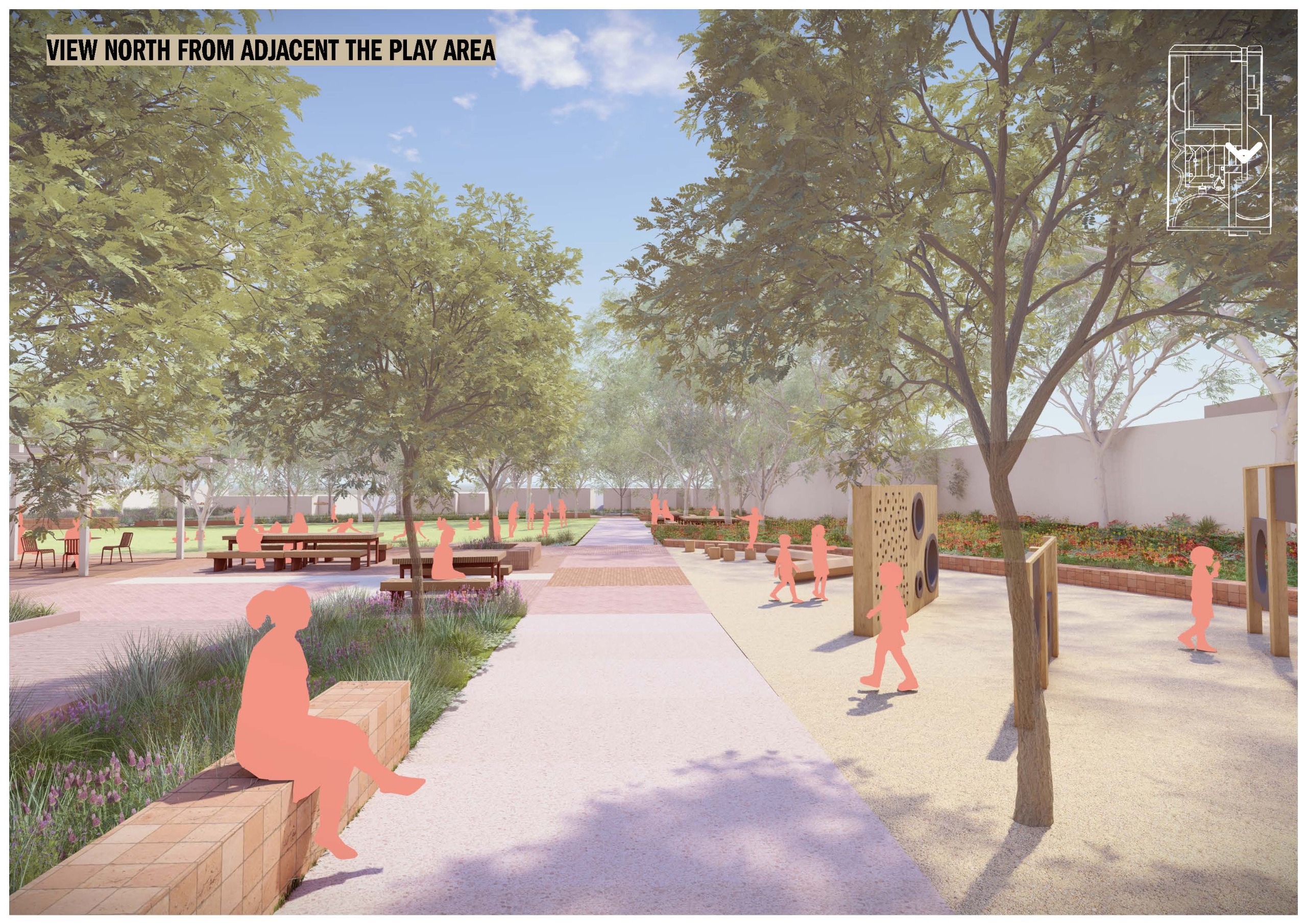 Pathway running north alongside a children’s play area, featuring play equipment and seating. Trees and garden beds line the path, with people shown walking, playing, and sitting.