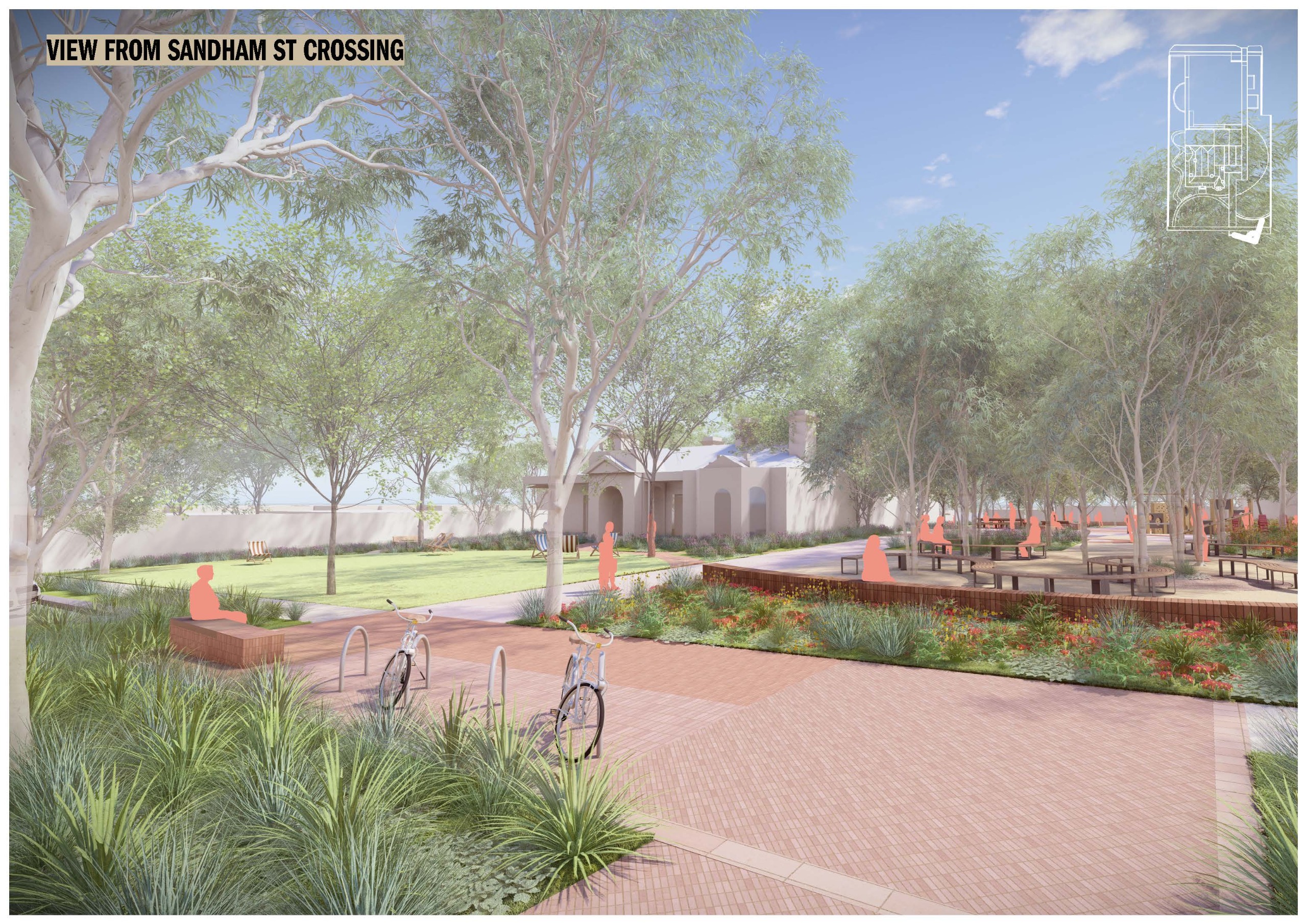 Ground-level view from Sandham Street, looking into the precinct. The foreground features bike racks, garden beds, and paved paths leading towards the heritage building, with mature trees providing shade and seating areas visible.