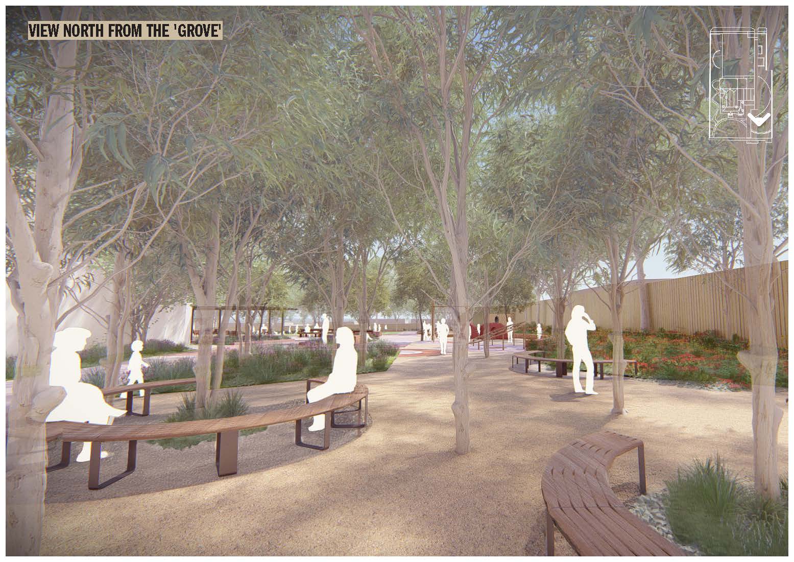Shaded grove area with curved benches beneath a canopy of trees. People are depicted sitting and relaxing, with views extending north towards open lawns and gathering spaces.