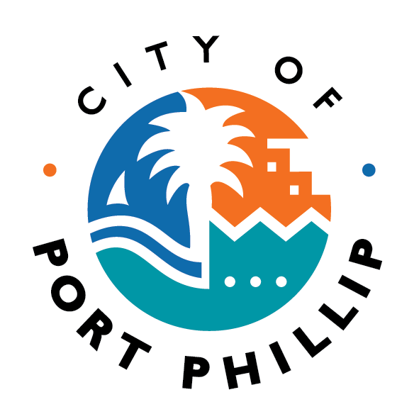 The logo of City of Port Phillip featuring a white palm tree and beach on a blue, green and orange background circled by the words City of Port Phillip