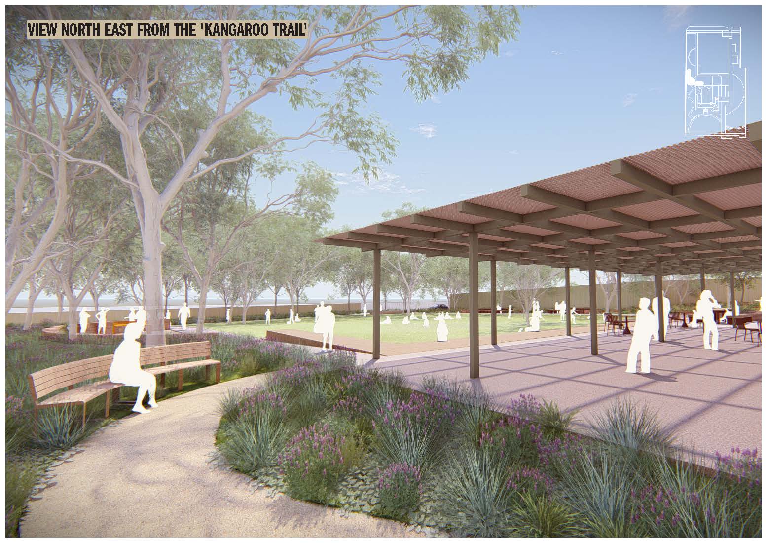 Perspective from the ‘Kangaroo Trail’, a winding path through native gardens. The view looks northeast across the site, showing trees, open spaces, and covered pavilion. 