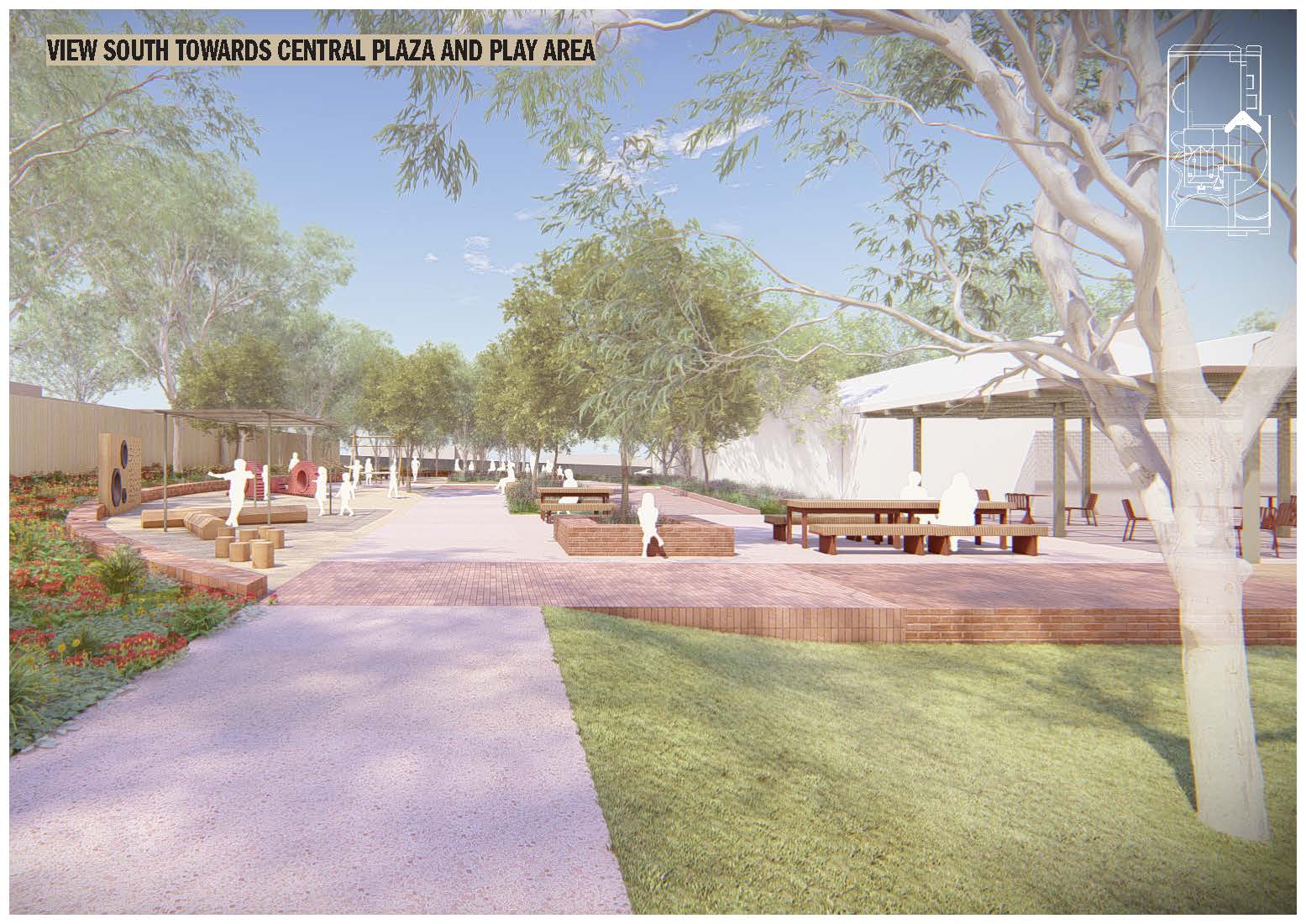 Looking south along a wide path towards the central plaza and play area. The scene includes play equipment, picnic tables, and garden beds, all shaded by mature trees.