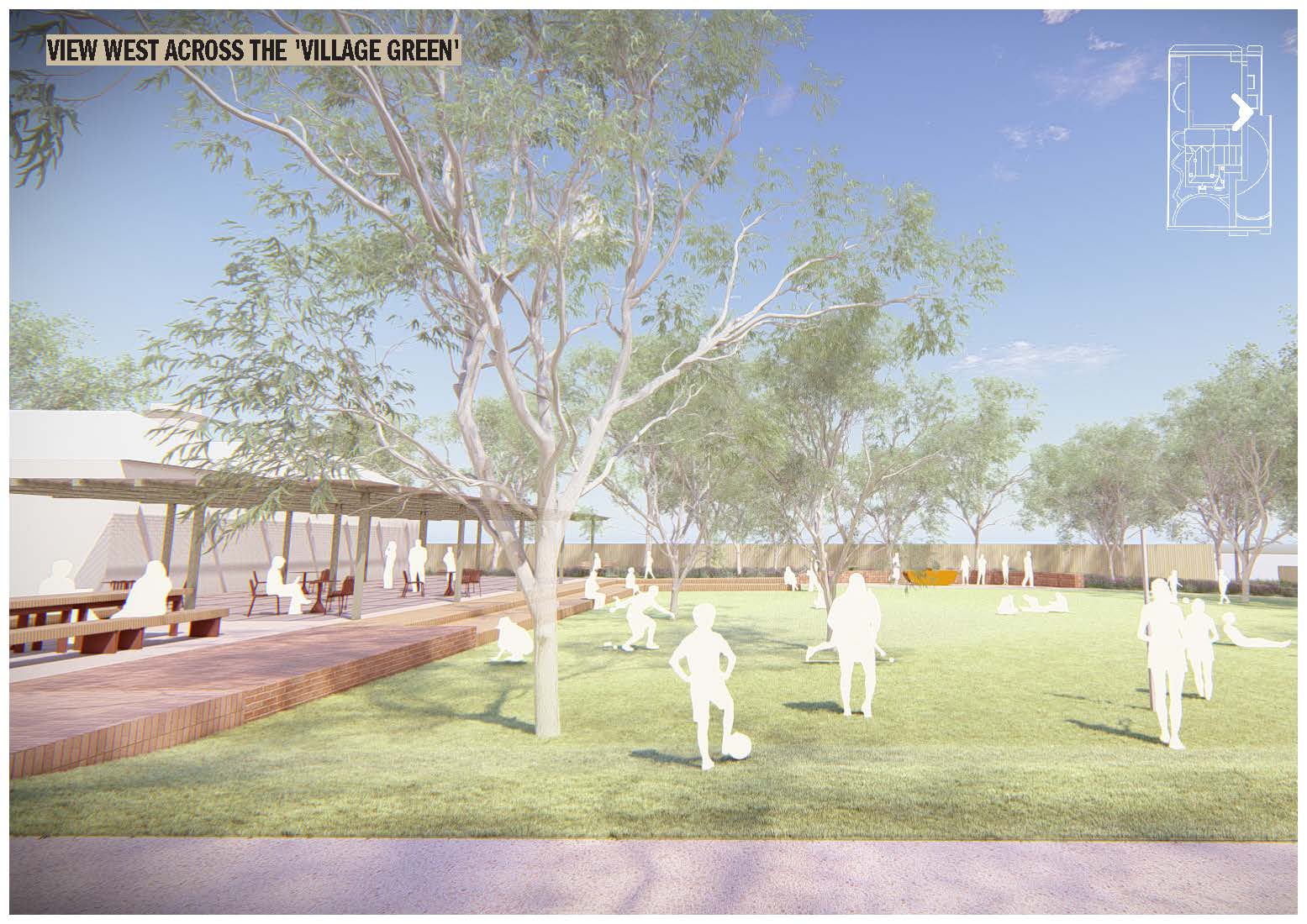 Open lawn area known as the ‘Village Green’, viewed from the east. The space is bordered by trees and gardens, with people shown walking and gathering on the grass.